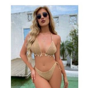 SHEIN Tan Crochet Bikini and skirt Set